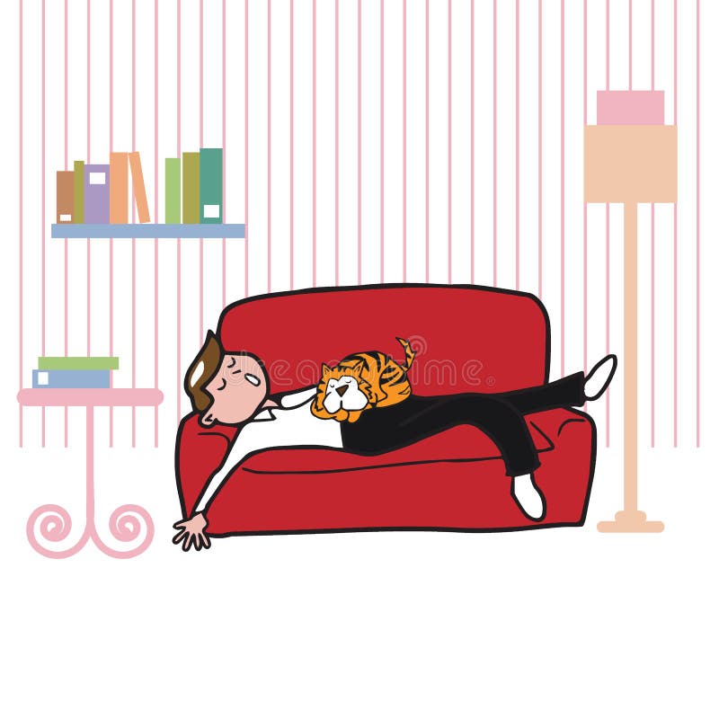 equipaggi il sonno sul sofà con il gatto in salone illustrazione vettoriale equipaggi il sonno sul sofà con il gatto in salone illustrazione vettoriale