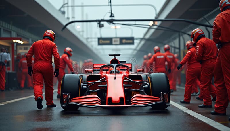 Equipaggio di posa in azione durante il lancio dell'auto. Squadra di meccanici in uniforme rossa preparata per le corse automobili royalty illustrazione gratis