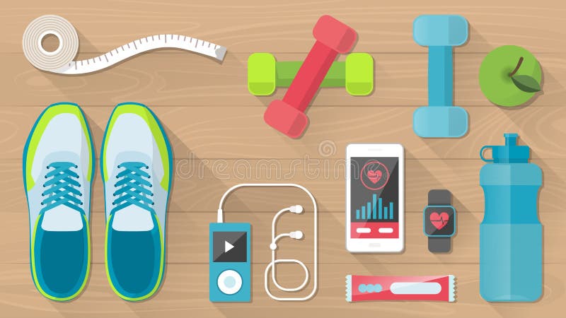 Sports and physical activity equipment, healthy food and wellness banner, objects set on a wooden floor, top view. Sports and physical activity equipment, healthy food and wellness banner, objects set on a wooden floor, top view