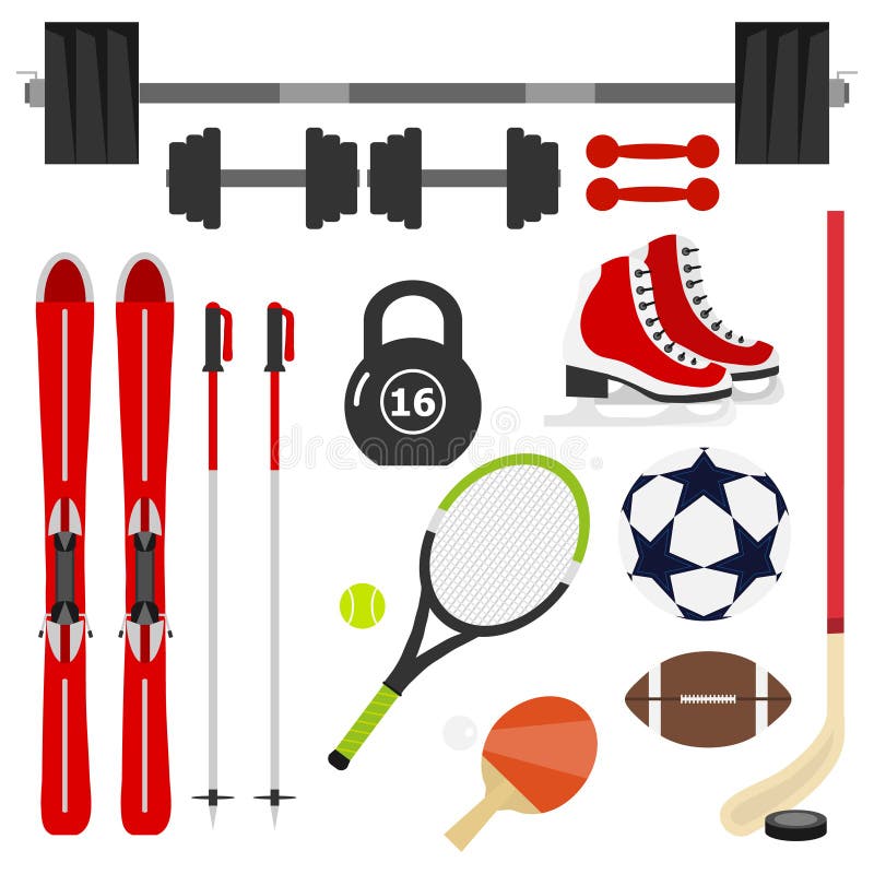 Equipamento de esportes Um grande grupo de material desportivo Peso, barbell, raquete de tênis, bola de futebol, esquis, patins ilustração stock Equipamento de esportes Um grande grupo de material desportivo Peso, barbell, raquete de tênis, bola de futebol, esquis, patins ilustração stock