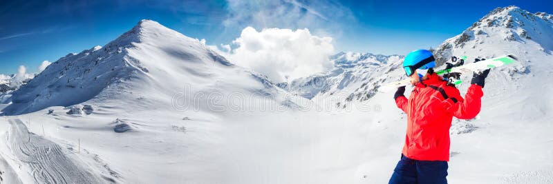 Man enjoying the stunning before skiing in famous ski resort in Tyrolian Alps, Zillertal, Austria. Man enjoying the stunning before skiing in famous ski resort in Tyrolian Alps, Zillertal, Austria