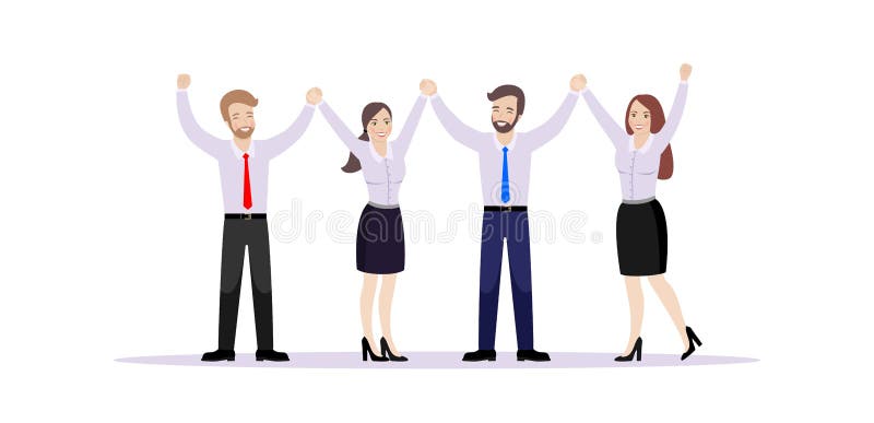 A equipe de trabalhadores de escritório, guardando as mãos, exulta no sucesso ilustração do vetor A equipe de trabalhadores de escritório, guardando as mãos, exulta no sucesso ilustração do vetor