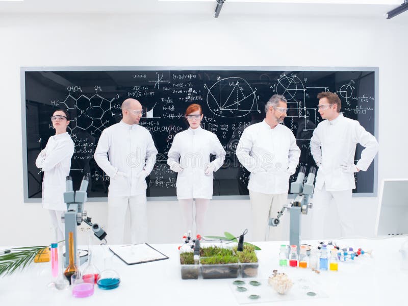 General-view of five confident people in a chemistry lab around lab tools , leafs and colorful liquids with a blackboard with formulas on the background. General-view of five confident people in a chemistry lab around lab tools , leafs and colorful liquids with a blackboard with formulas on the background