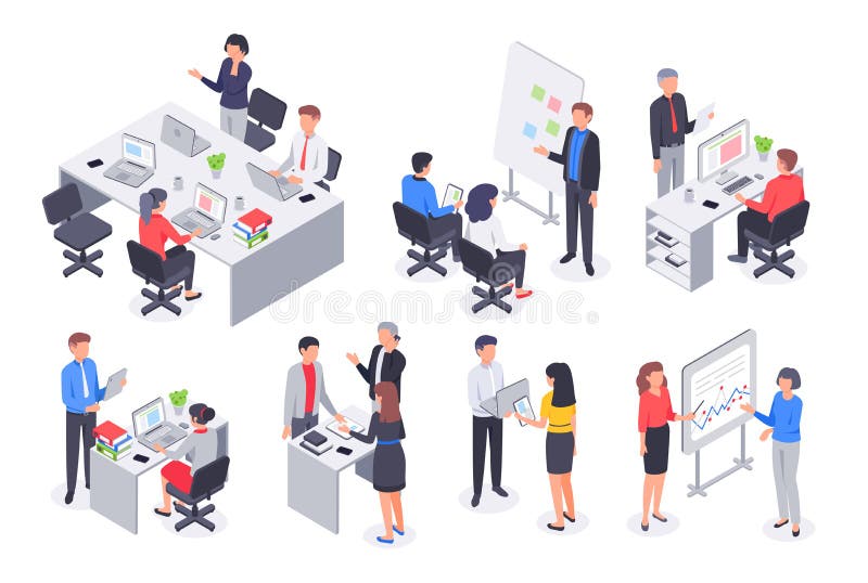 Equipe isométrica do escritório para negócios A reunião incorporada dos trabalhos de equipe, o local de trabalho do empregado e o Equipe isométrica do escritório para negócios A reunião incorporada dos trabalhos de equipe, o local de trabalho do empregado e o