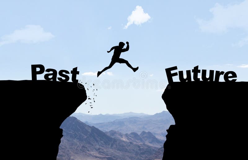 Man jumping over abyss with text Past/Future in front of mountain background. Man jumping over abyss with text Past/Future in front of mountain background.