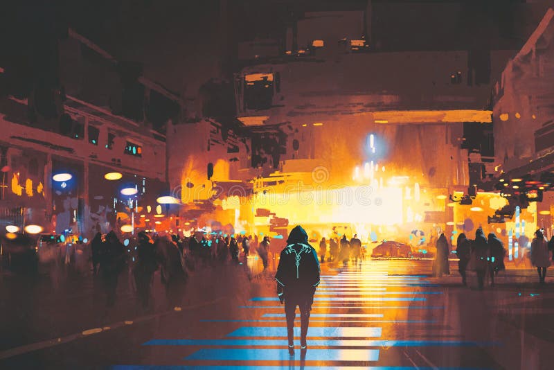 Equipe a posição na rua que olha a cidade futurista na noite