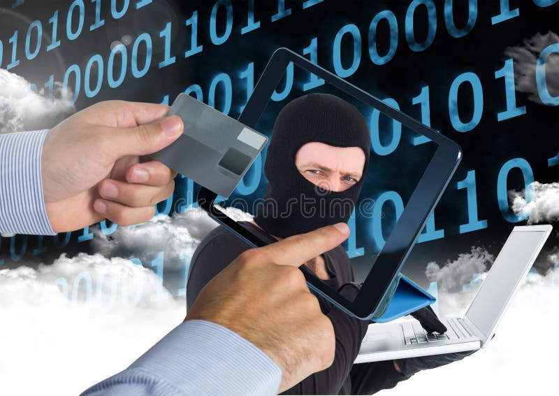 Equipe usando uma tabuleta com cabeça do hacker na tela ao guardar um cartão de crédito ilustração royalty free Equipe usando uma tabuleta com cabeça do hacker na tela ao guardar um cartão de crédito ilustração royalty free