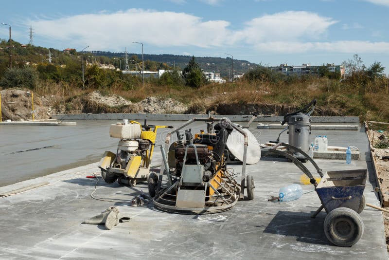 Equipment for Laying a Concrete Slab on a Construction Side Stock Photo