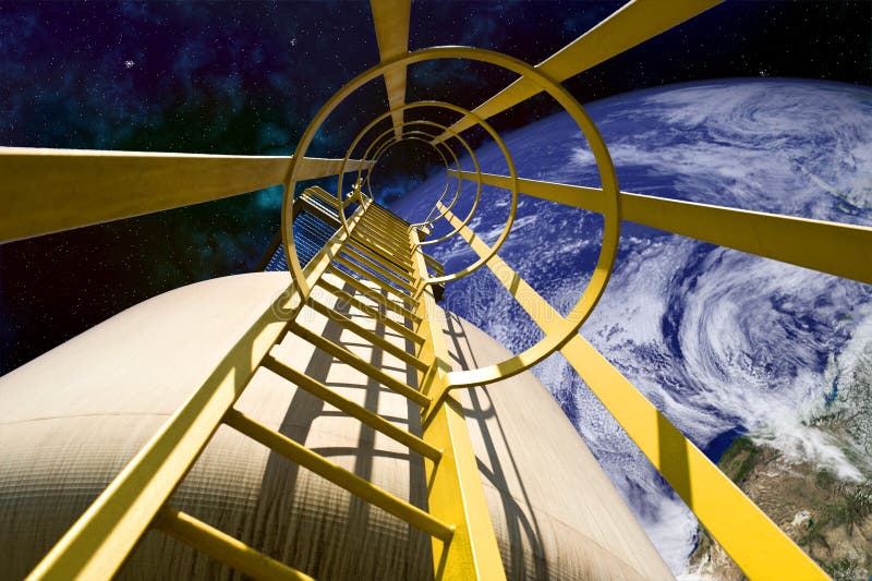 Equipment in Outer Space. Close-up of ladder mechanism on ship in outer space. A cropped view of Earth is viewable in the background. Horizontally framed shot royalty free stock photos Equipment in Outer Space. Close-up of ladder mechanism on ship in outer space. A cropped view of Earth is viewable in the background. Horizontally framed shot royalty free stock photos
