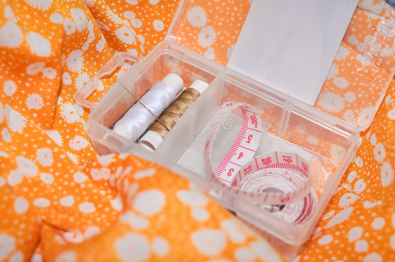 Equipment for Sewing Scissors Tap Measure and Threads Stock Photo