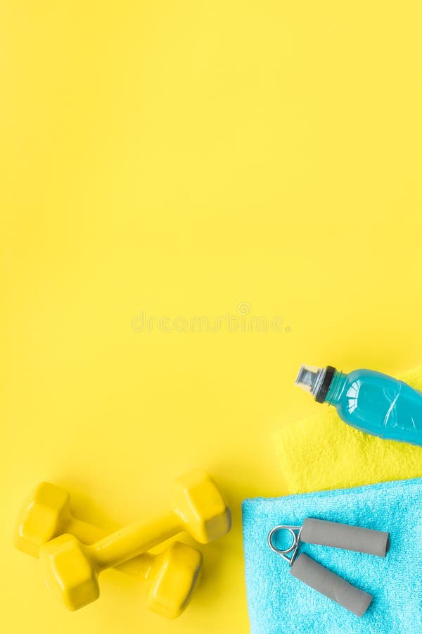 Equipment for Sport Exercise. Fitness Background. Dumbbells, Expander on  Pastel Yellow Background Top View Copy Space Stock Image - Image of diet,  background: 107912465