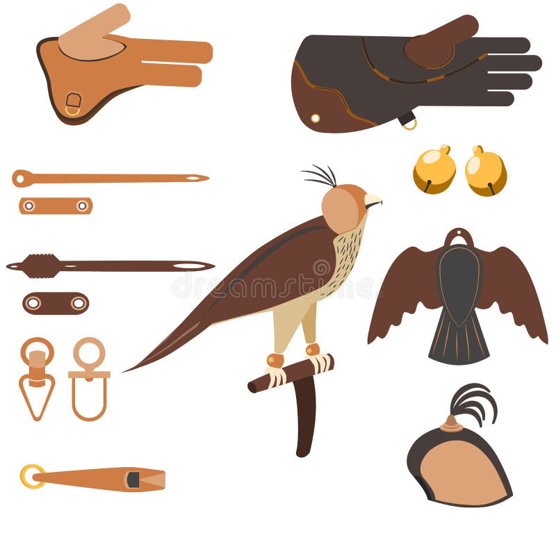 Set of Equipment for falconry and training birds of prey: Falconry Perch, jess, gauntlet, anklets, bait, hood. Set of Equipment for falconry and training birds of prey: Falconry Perch, jess, gauntlet, anklets, bait, hood.