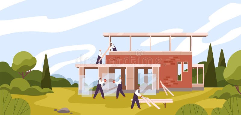 Equipo de constructores profesionales de la construcción de la casa residencial vectorial ilustración plana. trabajadores varones libre illustration