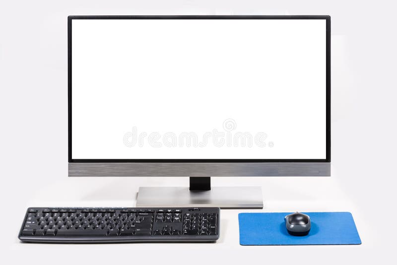 Equipo de escritorio con la pantalla blanca aislada en blanco fotografía de archivo libre de regalías Equipo de escritorio con la pantalla blanca aislada en blanco fotografía de archivo libre de regalías