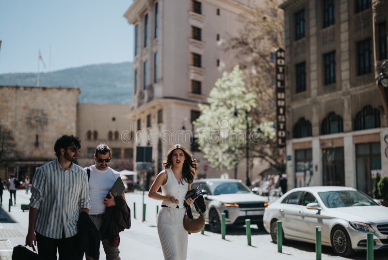 Group of business professionals engaged in a discussion while walking on a city street, portraying teamwork and collaboration. Group of business professionals engaged in a discussion while walking on a city street, portraying teamwork and collaboration.