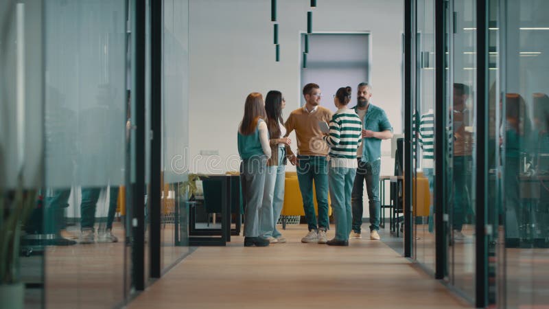 Equipo de negocios en una moderna oficina de inicio de espacio abierto caminando juntos. Diversos grupos de empresarios sonriendo almacen de video