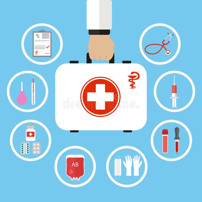 Equipo de primeros auxilios en mano del doctor Ayuda médica Concepto del seguro de la atención sanitaria libre illustration Equipo de primeros auxilios en mano del doctor Ayuda médica Concepto del seguro de la atención sanitaria libre illustration