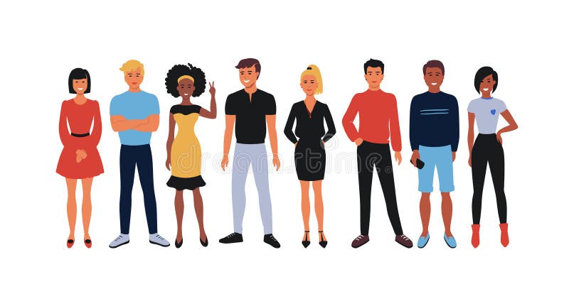 Equipo del empleado de la historieta Grupo de los oficinistas, hombres sonrientes felices y mujeres de la gente joven uniéndose E ilustración del vector