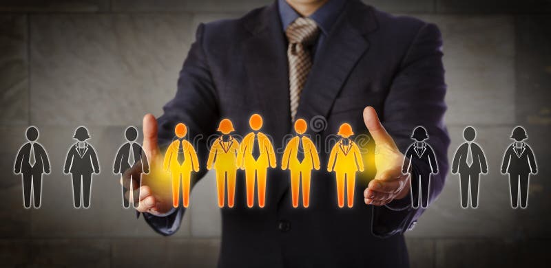 Blue chip recruitment manager selecting a group of five employees in a lineup of worker icons. Business concept for team building, customer segmentation and management succession. Wide composition. Blue chip recruitment manager selecting a group of five employees in a lineup of worker icons. Business concept for team building, customer segmentation and management succession. Wide composition.