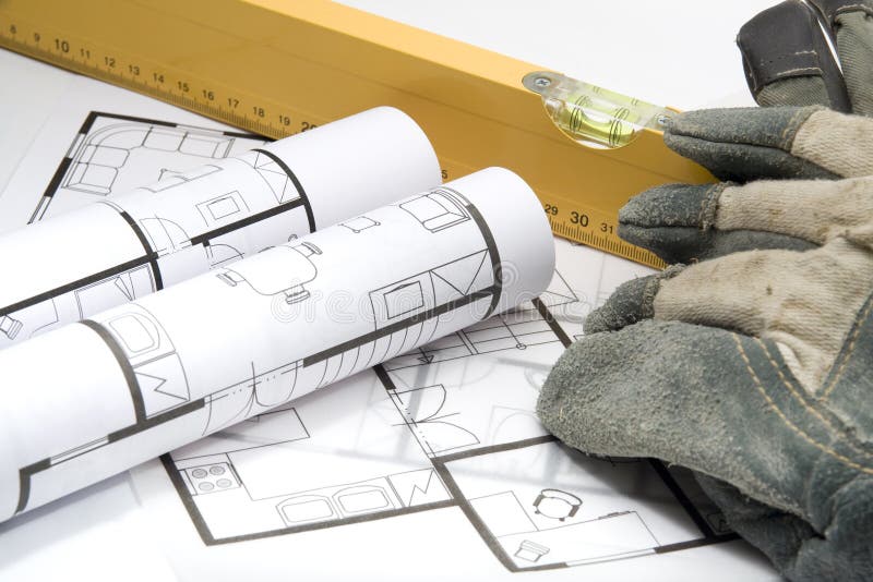 Builder's equipment - blueprints of architecture interior, builder's level and protective gloves. Builder's equipment - blueprints of architecture interior, builder's level and protective gloves