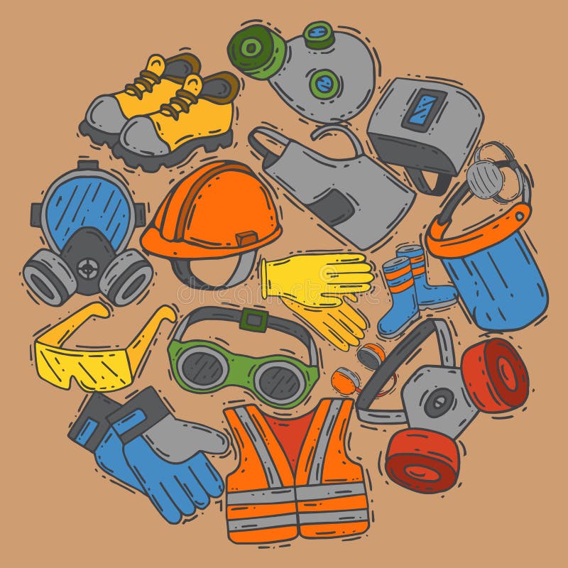 Equipo protector personal para el ejemplo seguro del vector del trabajo Venta grande en fuentes de salud y de la seguridad alrede stock de ilustración Equipo protector personal para el ejemplo seguro del vector del trabajo Venta grande en fuentes de salud y de la seguridad alrede stock de ilustración
