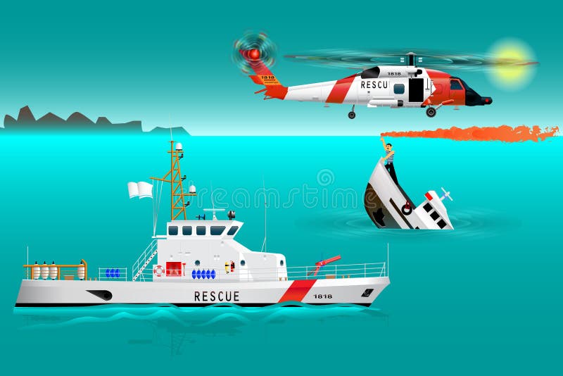 Equipos de rescate y nave del helicóptero en el mar Seguridad de la costa Barco de hundimiento El marinero toma una señal de deso ilustración del vector Equipos de rescate y nave del helicóptero en el mar Seguridad de la costa Barco de hundimiento El marinero toma una señal de deso ilustración del vector