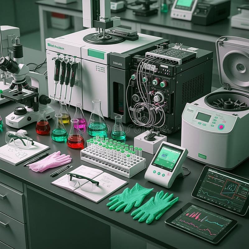 Equipped laboratory with advanced scientific instruments featuring a royalty free illustration