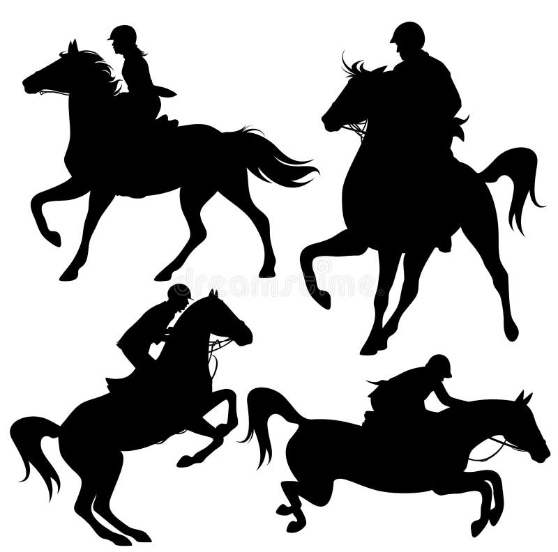 Horsemen fine vector silhouettes - horseback jockeys black detailed outlines over white. Horsemen fine vector silhouettes - horseback jockeys black detailed outlines over white