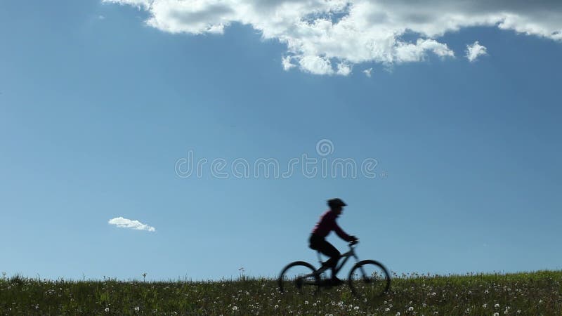 Equitação do motociclista da montanha através de um prado