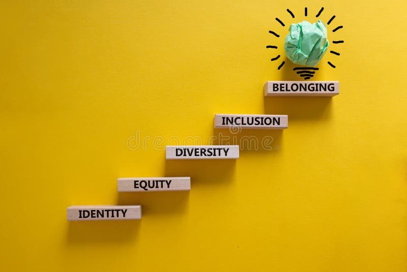 Equity  identity  diversity  inclusion  belonging symbol. Wooden blocks with words identity  equity  diversity  inclusion