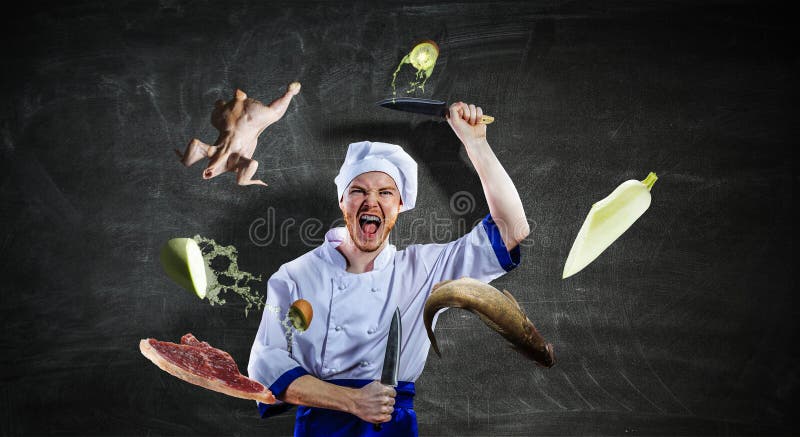 Er ist über das Kochen verrückt Gemischte Medien stockfotos
