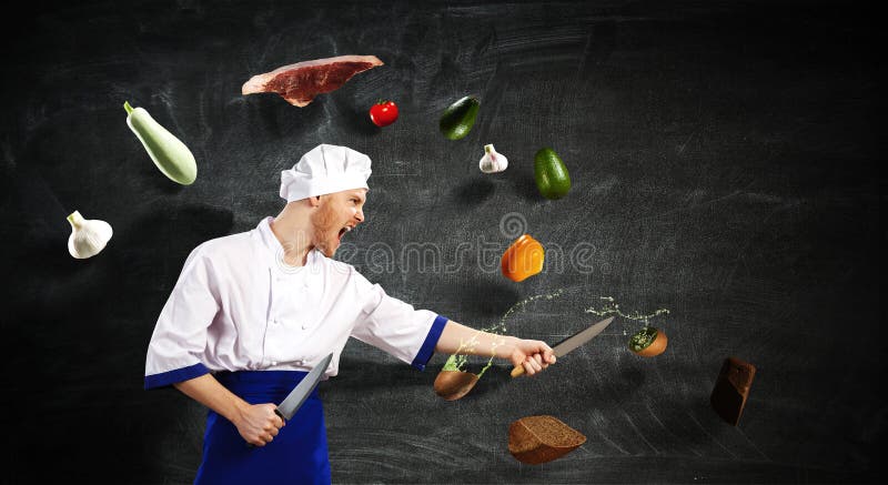 Er ist über das Kochen verrückt Gemischte Medien stockfoto