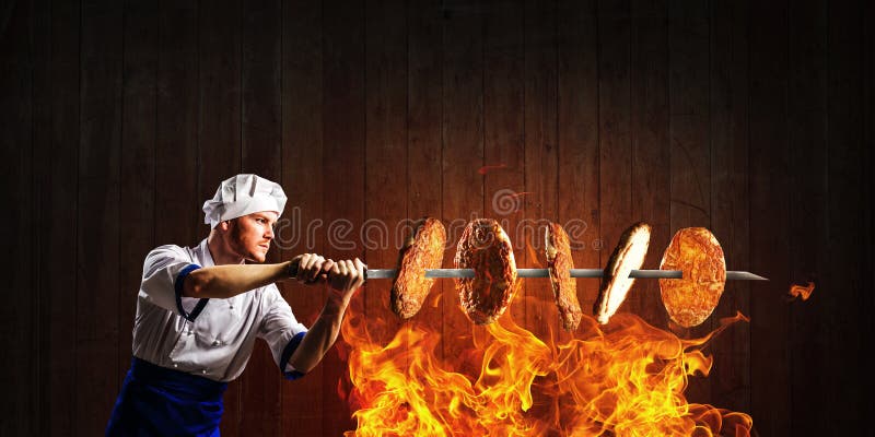 Er ist über das Kochen verrückt Gemischte Medien stockfoto