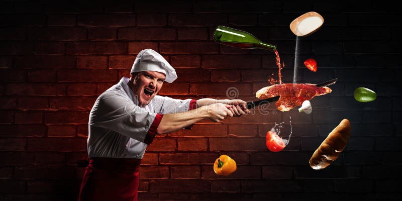 Er ist über das Kochen verrückt Gemischte Medien stockfoto