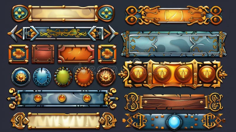 There are two modern sets here: a set of medieval game menu frames, UI elements, buttons, plaques. Gold, silver, and bronze banners with ornate rims. A set of empty royal gui bars for rpgs or arcade. AI generated. There are two modern sets here: a set of medieval game menu frames, UI elements, buttons, plaques. Gold, silver, and bronze banners with ornate rims. A set of empty royal gui bars for rpgs or arcade. AI generated