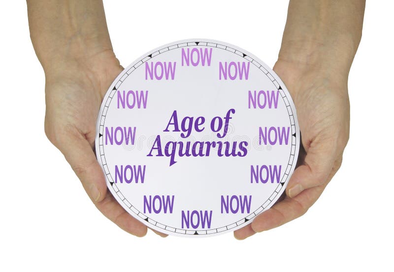 Female hands holding a clock face with the numbers replaced by 12  NOW words and in the centre the words AGE OF AQUARIUS on a white background. Female hands holding a clock face with the numbers replaced by 12  NOW words and in the centre the words AGE OF AQUARIUS on a white background