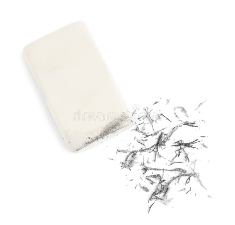Eraser and Crumbs on White Background, Top View Stock Photo ...