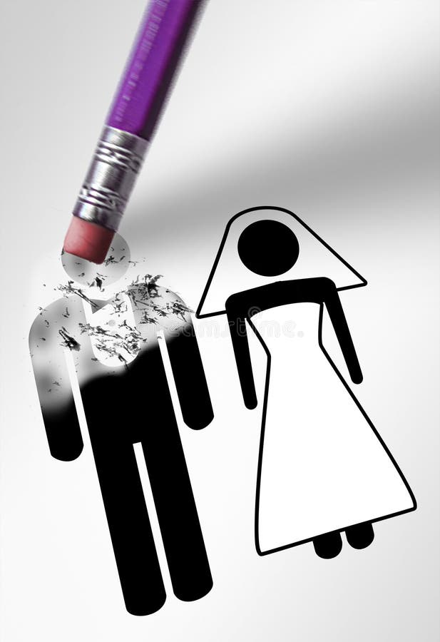 Eraser deleting the groom, or husband, in a marriage drawing royalty free stock images