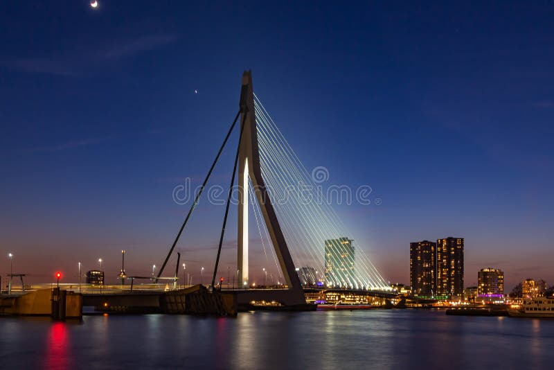 Erasmusbrug after sunset from Wilhelminakade, Rotterdam 1