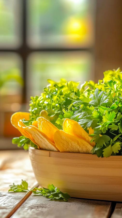 Erbe aromatiche e patatine di tortilla fresche in un Bowl di legno illustrazione vettoriale