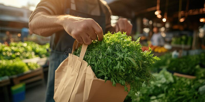 Erbe aromatiche fresche in sacchetto di carta presso un vivace mercato che presenta prodotti locali illustrazione di stock