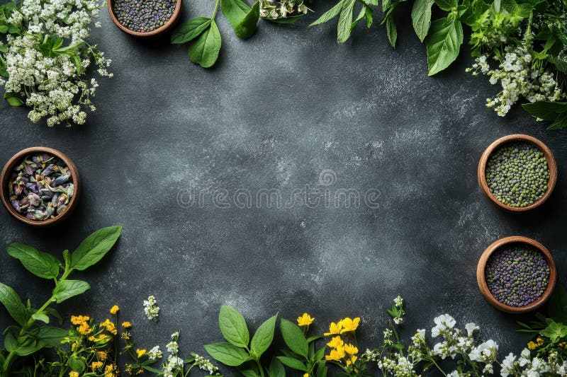 Erbe e lenticchie disposte in modo artistico su fondo tritato scuro con fiori freschi fotografia stock