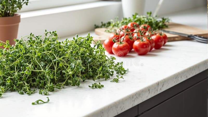 Erbe fresche pomodori maturi e un coltello sulla contropunta della cucina. l'immagine viene generata utilizzando strumenti di intelligenza artificiale.