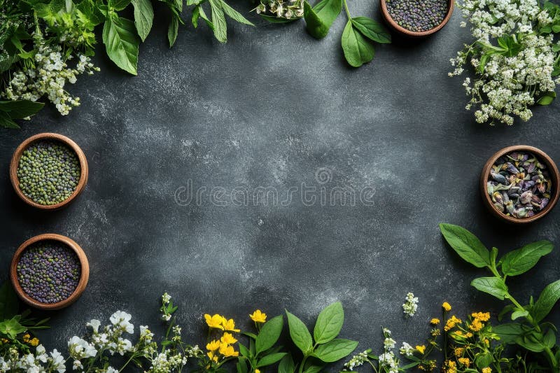 Erbe vegetali e lenticchie disposte in modo artistico su fondo tritato scuro con fiori freschi che circondano le piante immagine stock