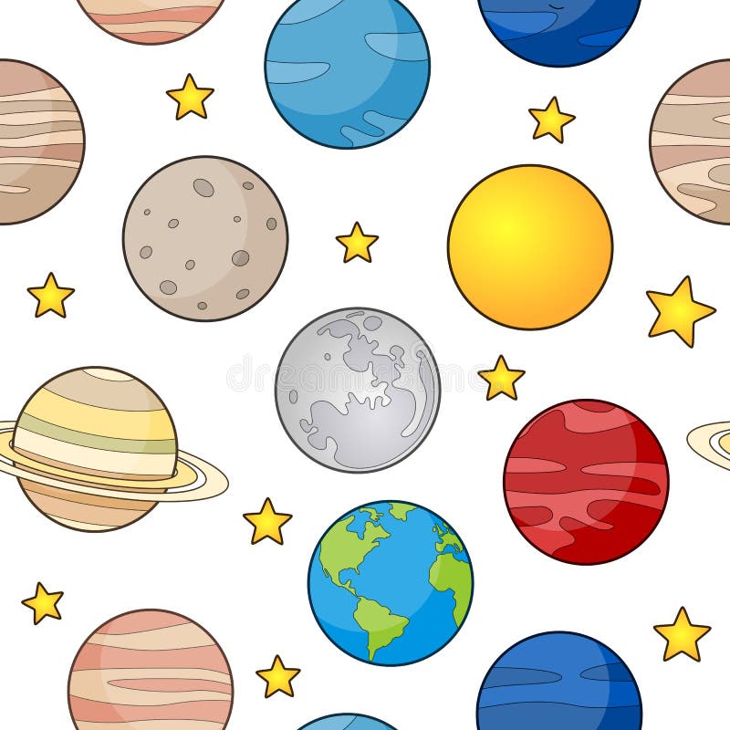 A seamless pattern with the Earth, the Sun, the Moon and cartoon planets, isolated on white background with bright stars. Useful also as design element for texture, pattern or gift wrapping. Eps file available. A seamless pattern with the Earth, the Sun, the Moon and cartoon planets, isolated on white background with bright stars. Useful also as design element for texture, pattern or gift wrapping. Eps file available.