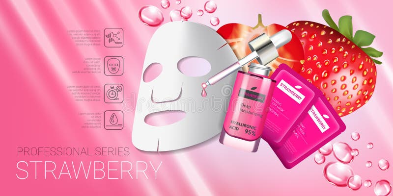Strawberry skin care mask ads. Vector Illustration with strawberry smoothing mask and serum. Horizontal banner. Strawberry skin care mask ads. Vector Illustration with strawberry smoothing mask and serum. Horizontal banner.