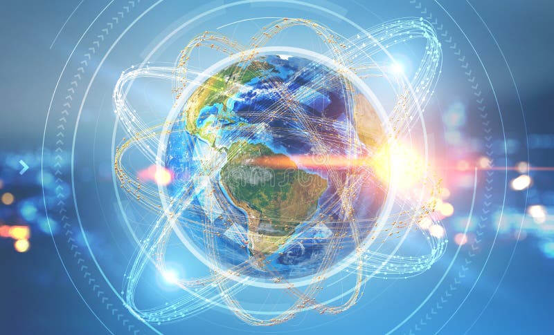Erde in Atom hud über Nachtstadthintergrund vektor abbildung Erde in Atom hud über Nachtstadthintergrund vektor abbildung