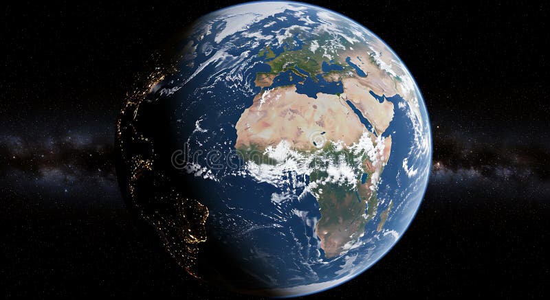 Erde aus dem Weltraum mit einem detaillierten Überblick über Afrika und Teile Europas und die stock abbildung