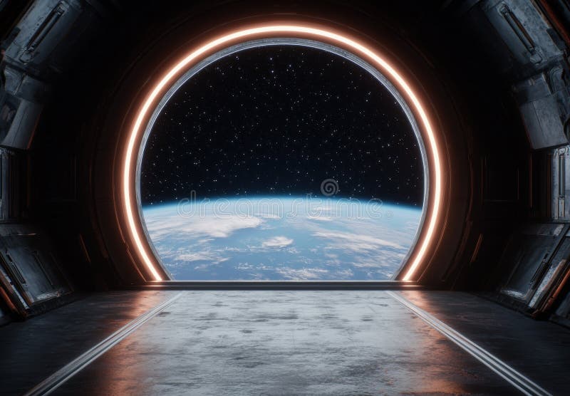 Erdsicht vom Weltraum aus durch futuristisches Raumflugfenster lizenzfreie abbildung