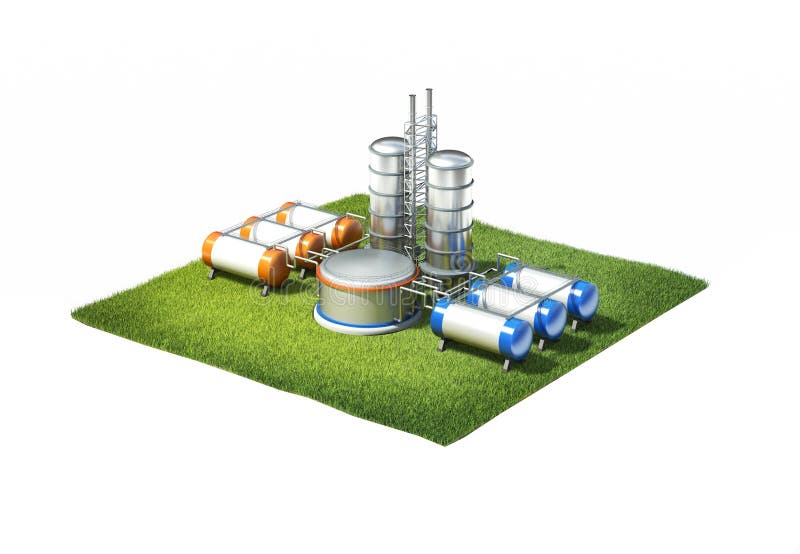 3d illustration of oil refinery factory standing on cross section of ground with grass isolated on white. 3d illustration of oil refinery factory standing on cross section of ground with grass isolated on white